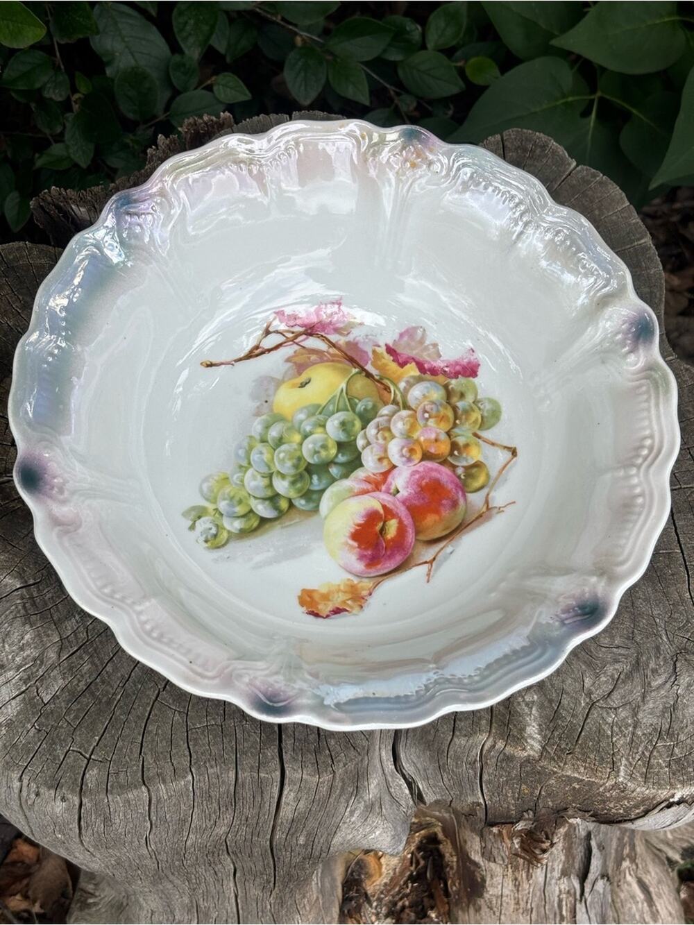 Antique German Porcelain Lusterware Serving Bowl with Hand-Painted Fruit Motif